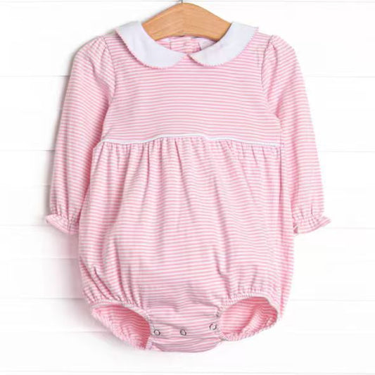 (Custom Design Preorder MOQ 5) Pink Stripes Print Baby Girls Romper