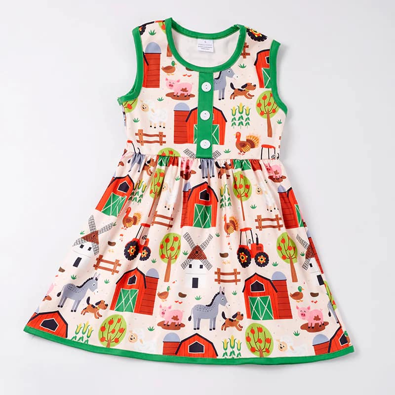 (Custom Design Preorder MOQ 5) Farm Animals Print Girls Knee Length Summer Dress