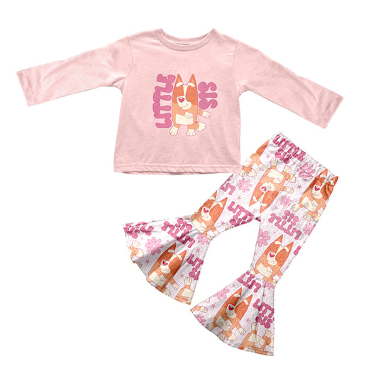 (Custom Design MOQ 5) Cartoon Dog Little Sister Pink Print Girls Clothes Set