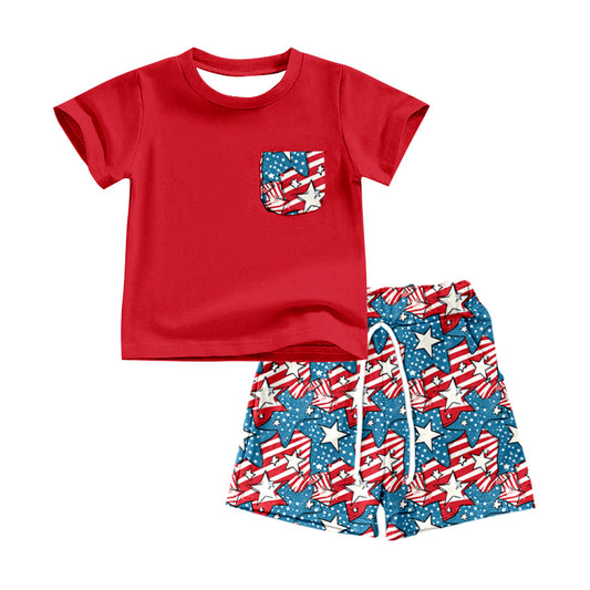 (Custom Design Preorder MOQ 5) Red Pocket Top Star Flag Shorts Boys 4th of July Clothes Set