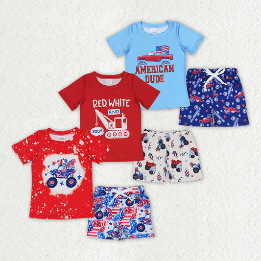 Trucks Print Boys 4th of July Clothes Set Brothers Wear