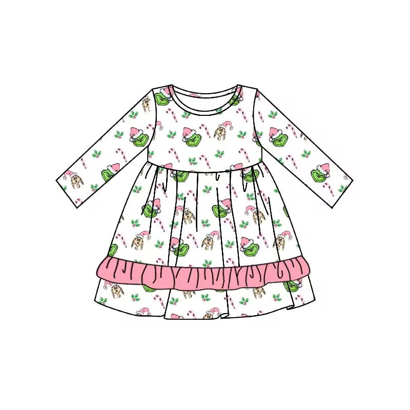 (Custom Design Preorder MOQ 5) Green Frog Print Girls Christmas Knee Length Dress