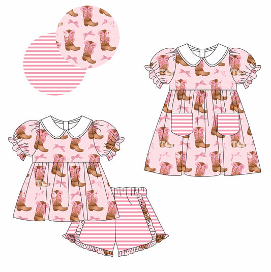 11.16(Custom Design Preorder MOQ 5 Each Design) Boots Bows Print Girls Summer Matching Clothes Sisters Wear