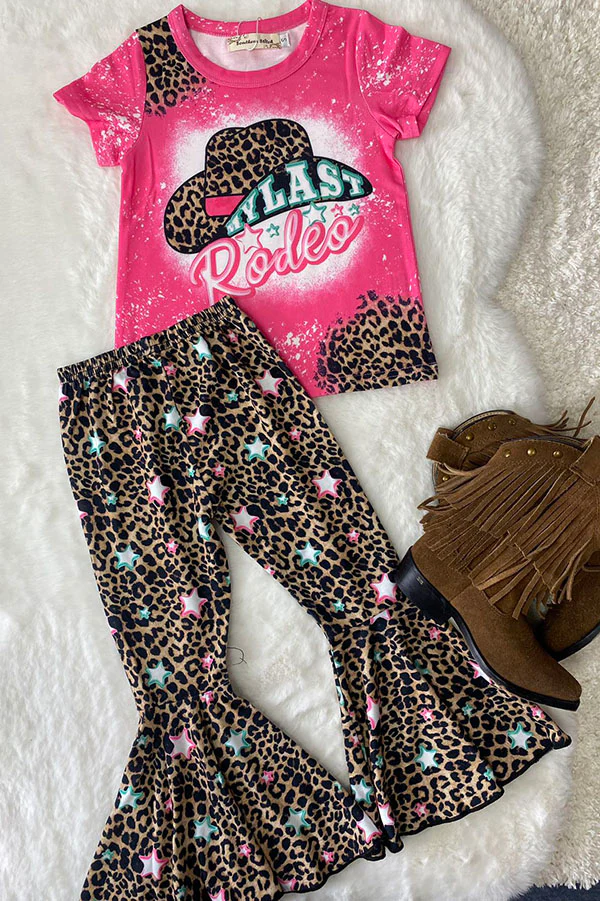 (Custom Design Preorder MOQ 5) Rodeo Hat Pink Top Leopard Stars Bell Pants Girls Western Clothes Set