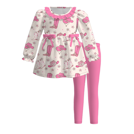 (Custom Design Preorder MOQ 5)  Boots Hat Flowers Tunic Top Pink Pants Girls Fall Clothes Set
