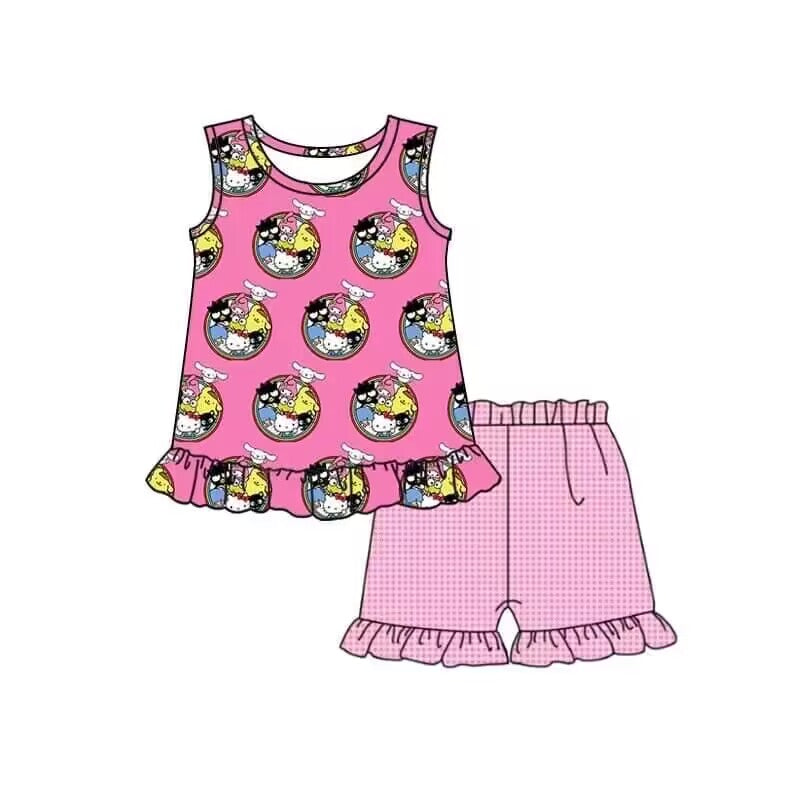 (Custom Design Preorder MOQ 5) Cartoon Cats Pink Print Girls Summer Clothes Set