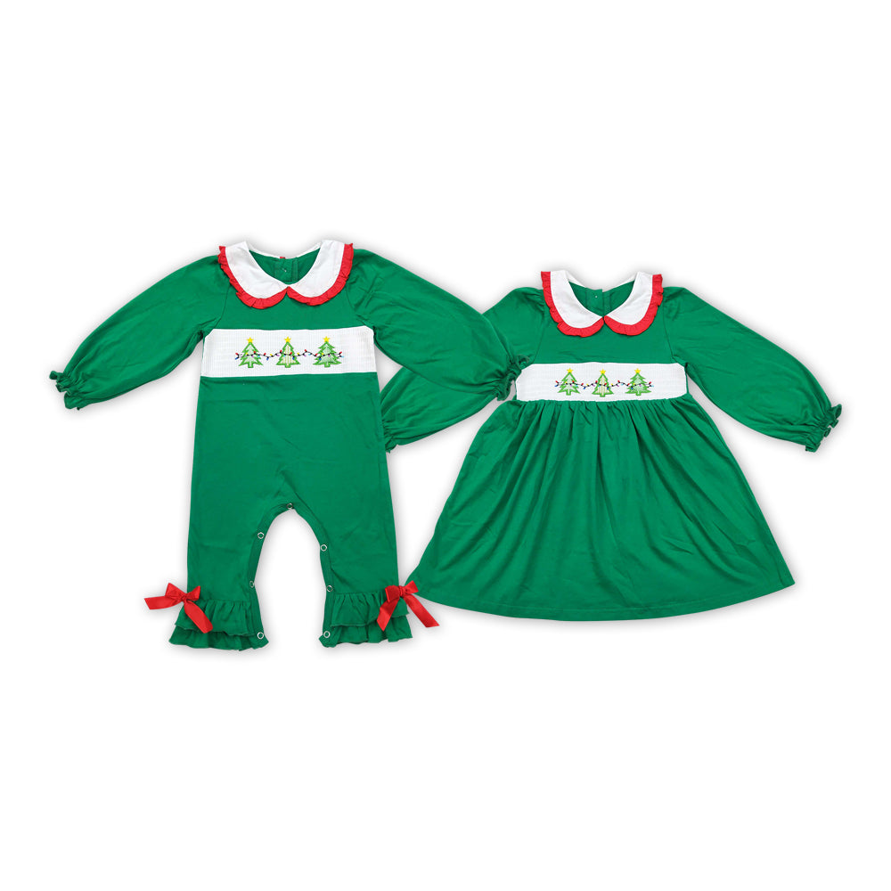 Christmas Tree Green Embroidery Sister Matching Clothes