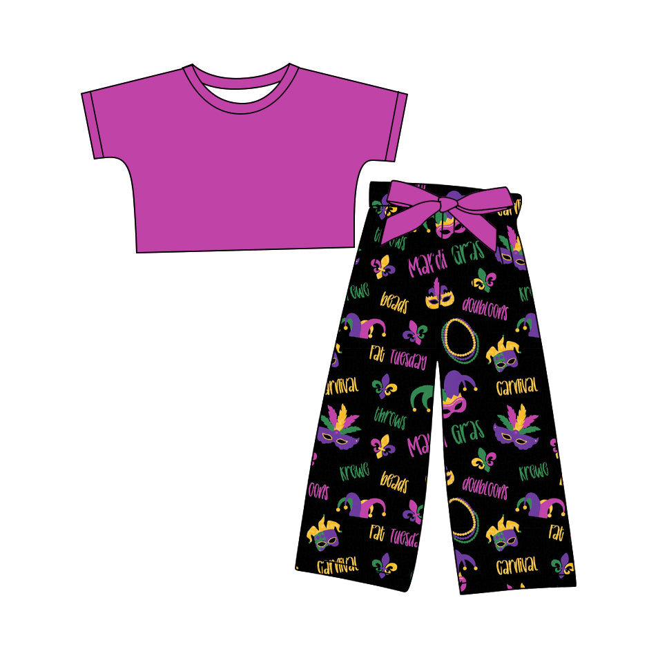 12.10(Custom Design Preorder MOQ 5) Purple Top Anchor Mask Pants Girls Mardi Gras Clothes Set