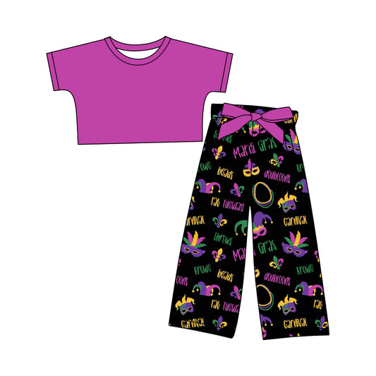 12.10(Custom Design Preorder MOQ 5) Purple Top Anchor Mask Pants Girls Mardi Gras Clothes Set