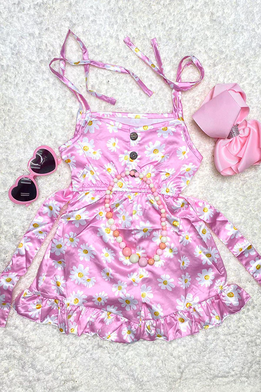 (Custom Design Preorder MOQ 5)  Pink Daisy Print Girls Summer Strap Jumpsuits