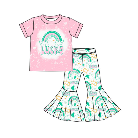 (Custom Design Preorder MOQ 5) Lucky Rainbow Stars Print Bell Pants Girls St. Patrick's Day Clothes Set