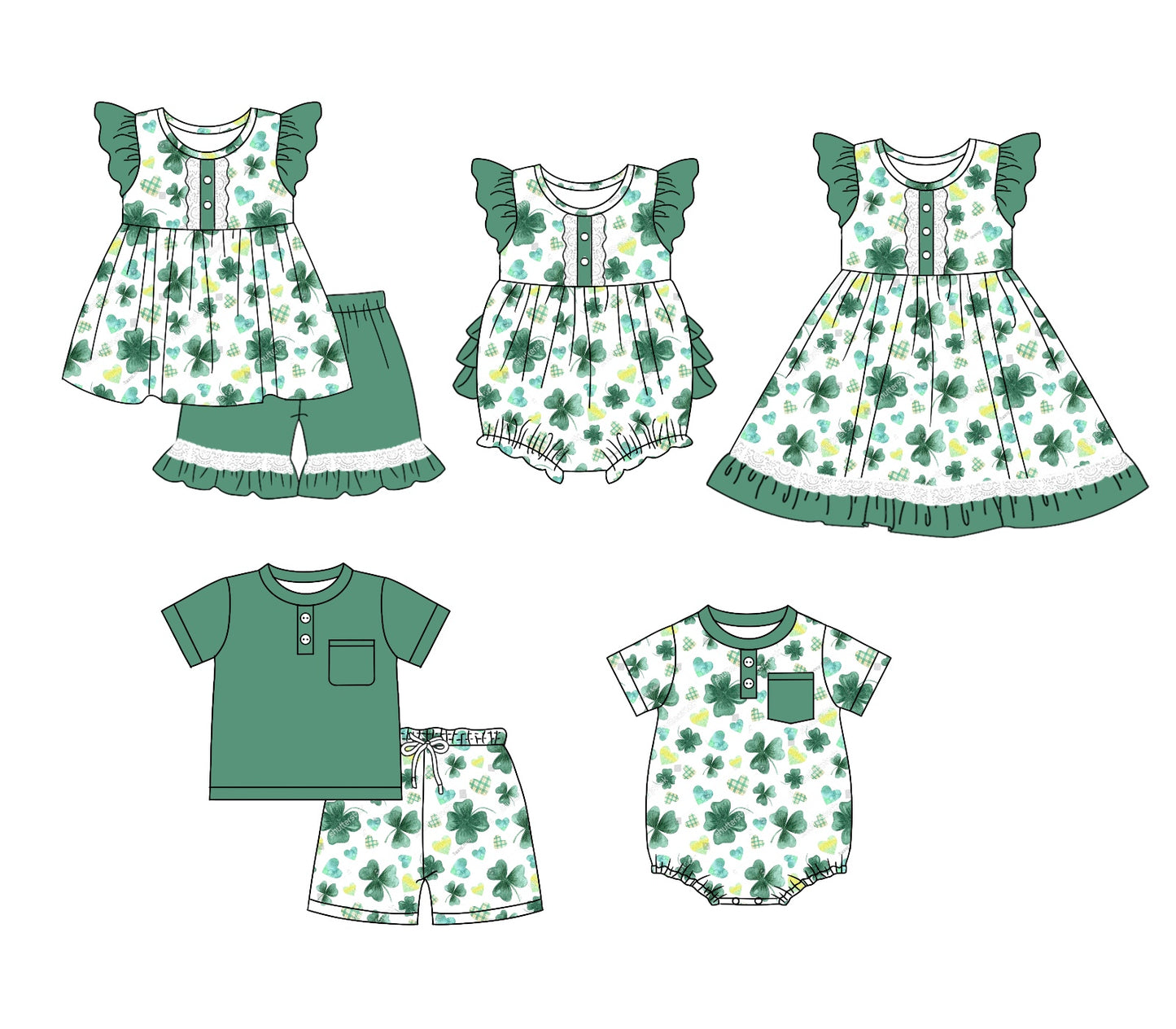 11.9(Custom Design Preorder MOQ 5 Each Design) Leaf Heart Print Kids St. Patrick's Day Matching Clothes Sibling Wear