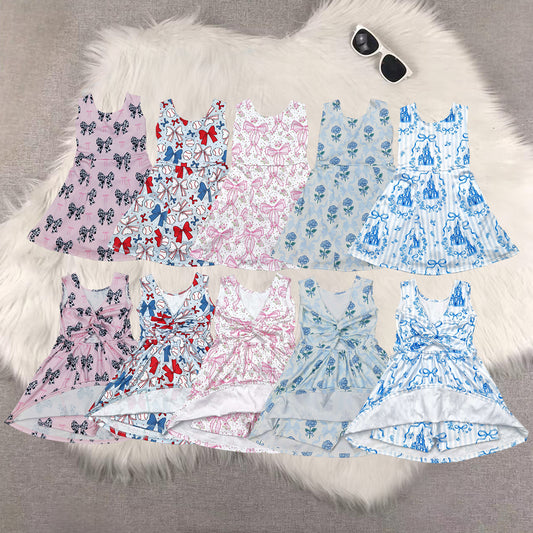 5 Colors Bows Print Girls Summer Shorts Knee Length Yoga Dress