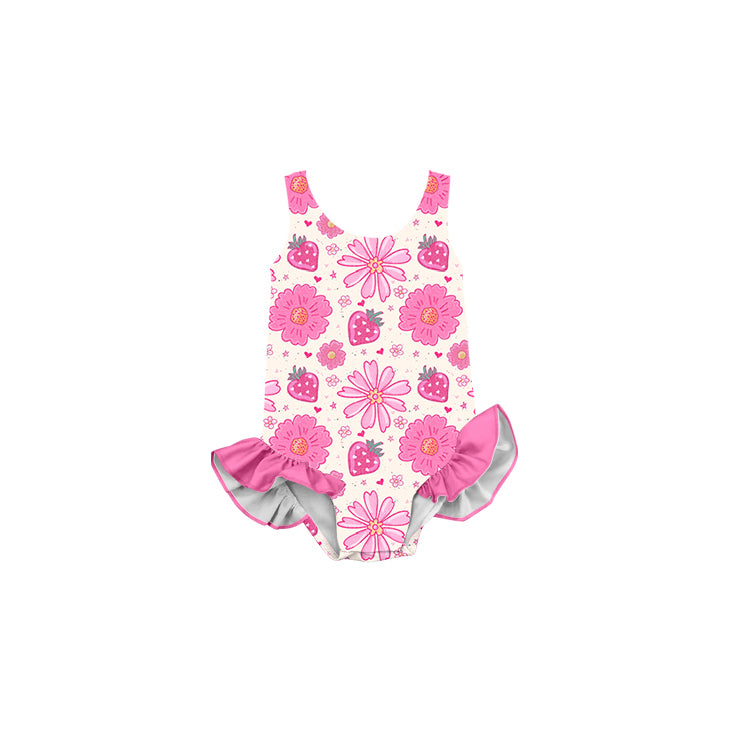 (Custom Design Preorder MOQ 5) Strawberry Flowers Print Girls 1 Piece Swimsuits