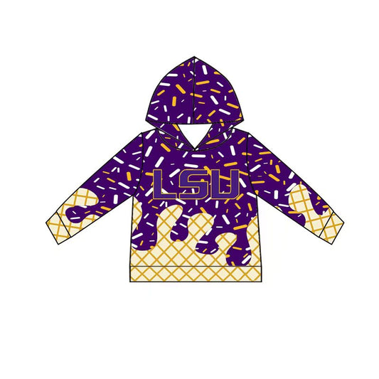 (Custom Design Preorder MOQ 5) Team's Purple LSU Sprinkles Print Kids Long Sleeve Hoodie Top