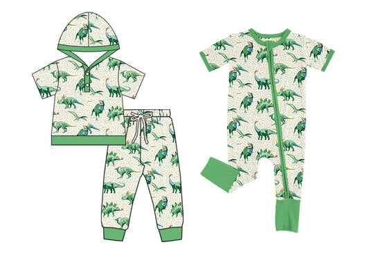 5.2(Custom Design Preorder MOQ 5 Each Design) Dino Green Print Boys Matching Clothes Brothers Wear
