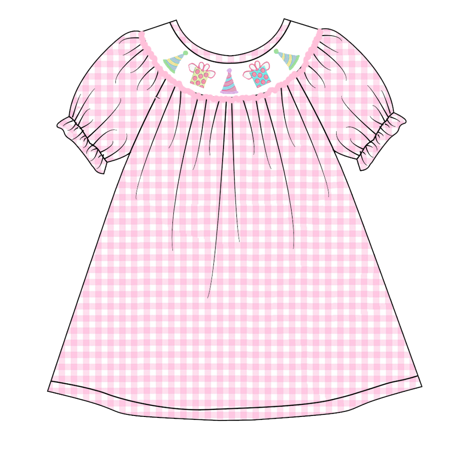 (Custom Design Preorder MOQ 5) Happy Birthday Pink Plaid Print Girls Knee Length Summer Dress