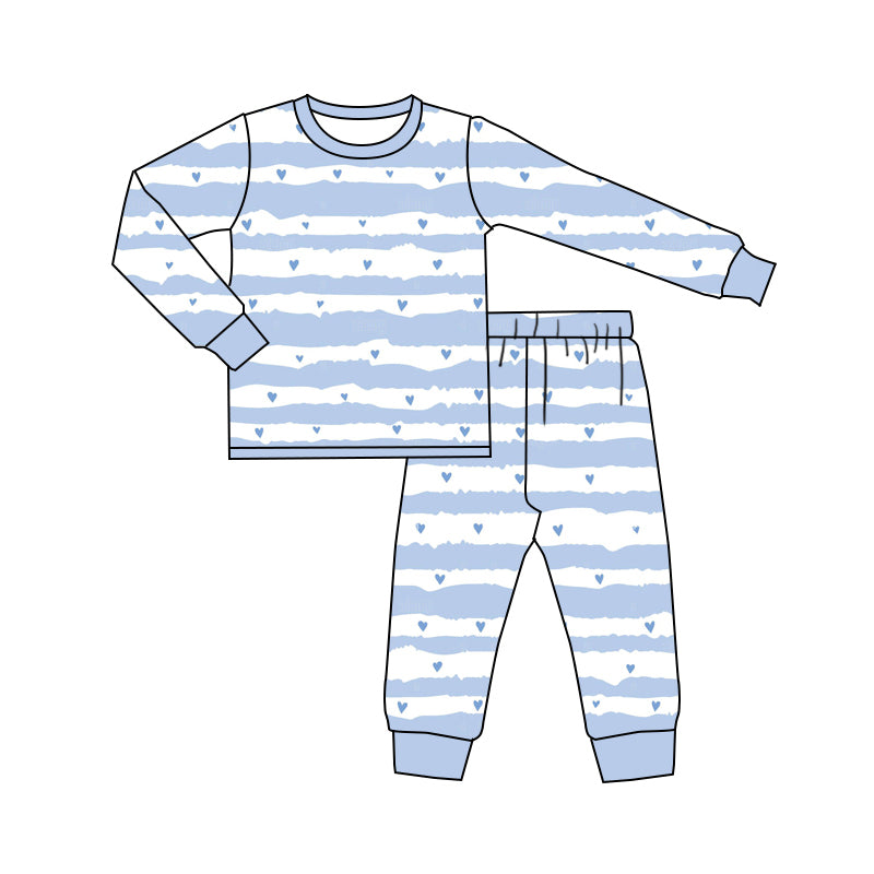 (Custom Design Preorder MOQ 5) Heart Blue Print Boys Valentine's Day Pajamas Bamboo Clothes Set