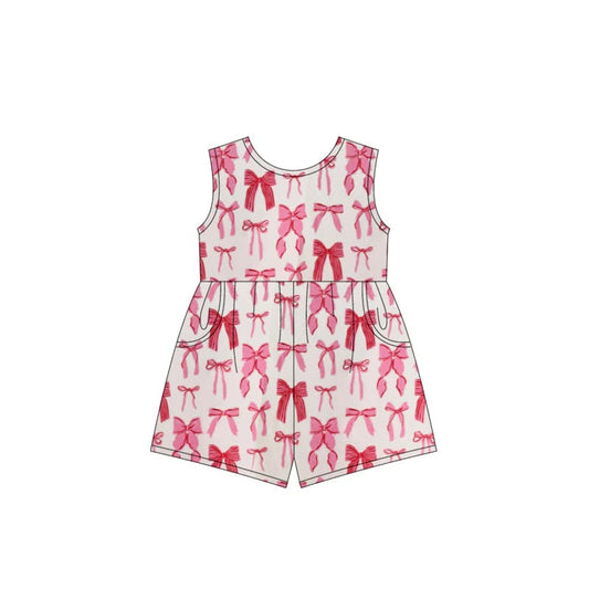 (Custom Design Preorder MOQ 5) Pink Bows Print Pockets Girls Sleeveless Short Leggy Jumpsuits