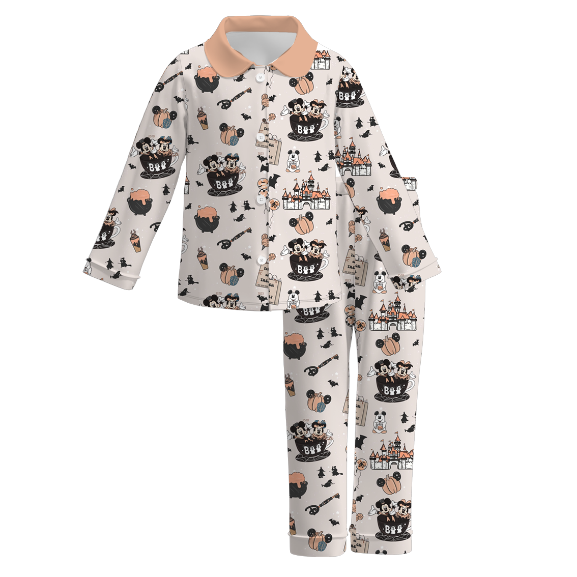 (Custom Design Preorder MOQ 5)  Cartoon Mouse Pumpkin Print Girls Halloween Buttons Pajamas Clothes Set