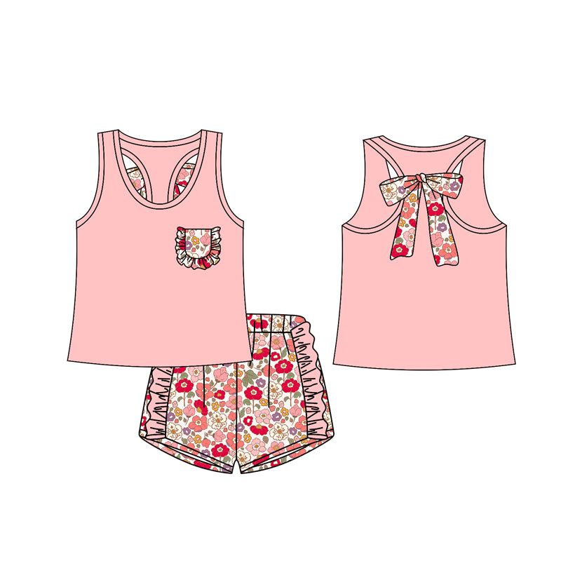 12.13(Custom Design Preorder MOQ 5) Pink Pocket Vest Top Flowers Shorts Girls Summer Clothes Set