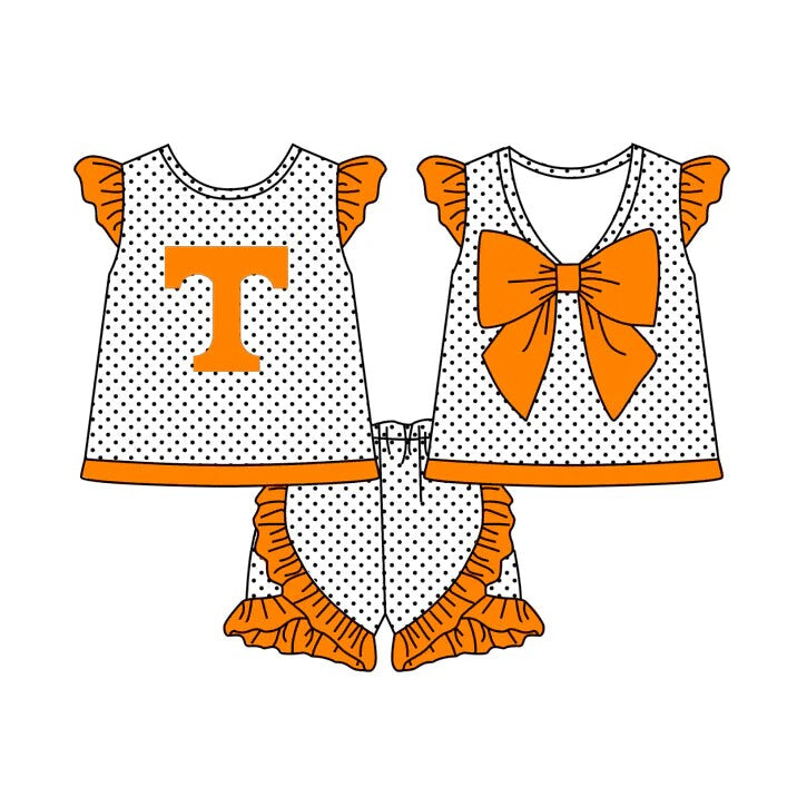 (Custom Design Preorder MOQ 5)  Team's Tennessee Orange Print Bow Girls Summer Clothes Set