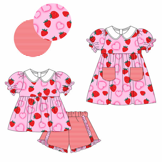 11.7(Custom Design Preorder MOQ 5 Each Design) Strawberry Heart Print Girls Valentine's Day Matching Clothes Set Sisters Wear