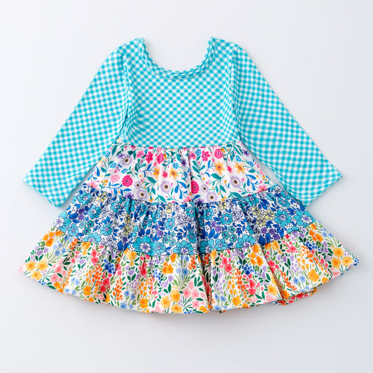 (Custom Design Preorder MOQ 5) Colorful Flowers Print Girls Long Sleeve Knee Length Dress