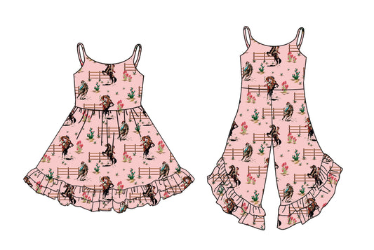3.5(Custom Design Preorder MOQ 5 Each Design) Cowgirl Pink Print Girls Summer Matching Clothes Sisters Wear