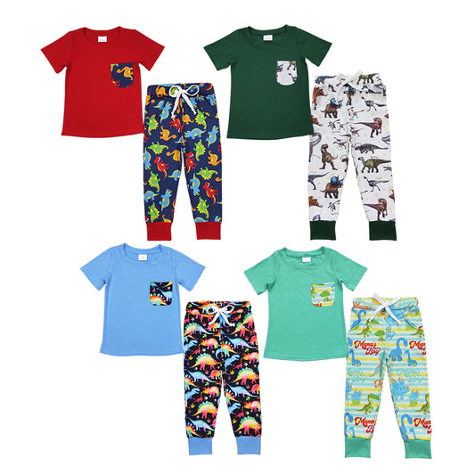 4 Colors Dino Print Boys Clothes Set