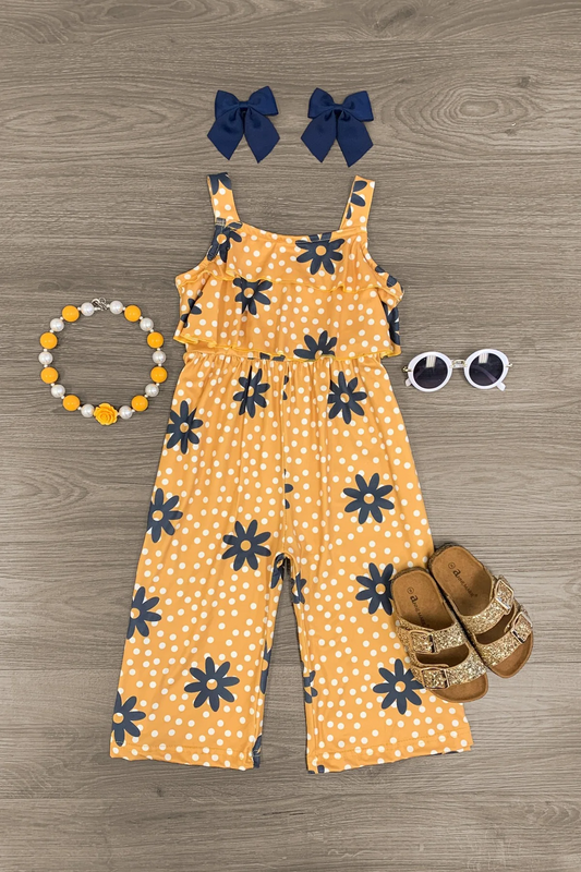 (Custom Design Preorder MOQ 5) Flowers Dots Print Girls Summer Jumpsuits