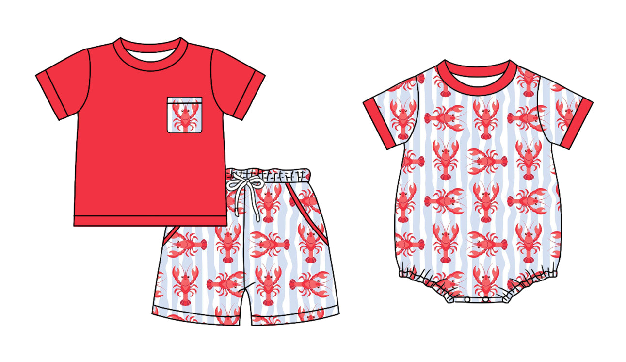 12.4 (Custom Design Preorder MOQ 5 Each Design) Crayfish Stripes Print Boys Summer Matching Clothes Brothers Wear