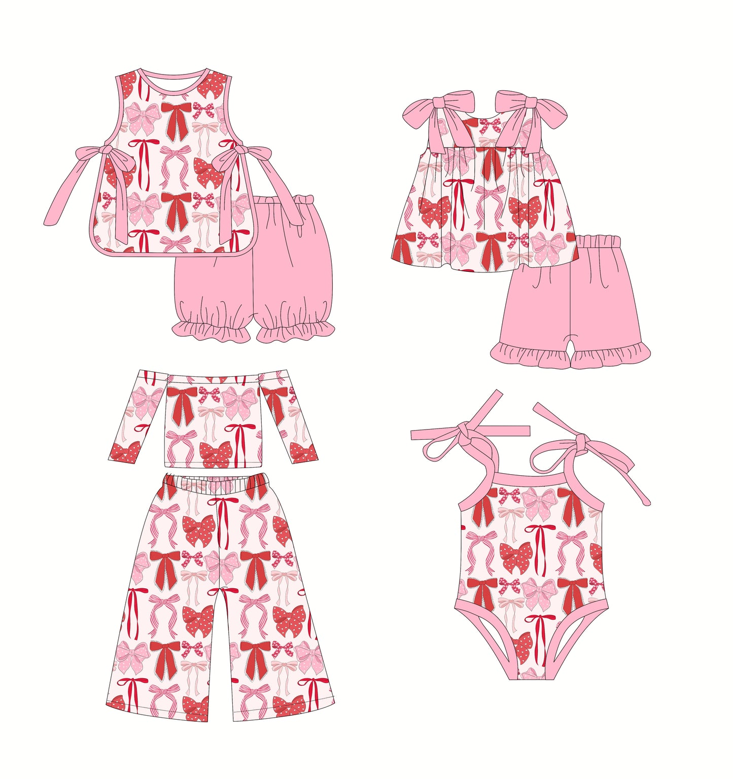 2.22(Custom Design Preorder MOQ 5 Each Design) Red Pink Bows Print Girls Summer Matching Clothes Sisters Wear