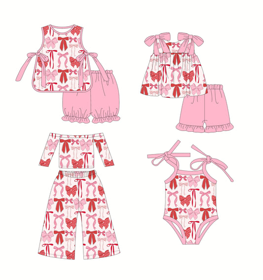 2.22(Custom Design Preorder MOQ 5 Each Design) Red Pink Bows Print Girls Summer Matching Clothes Sisters Wear
