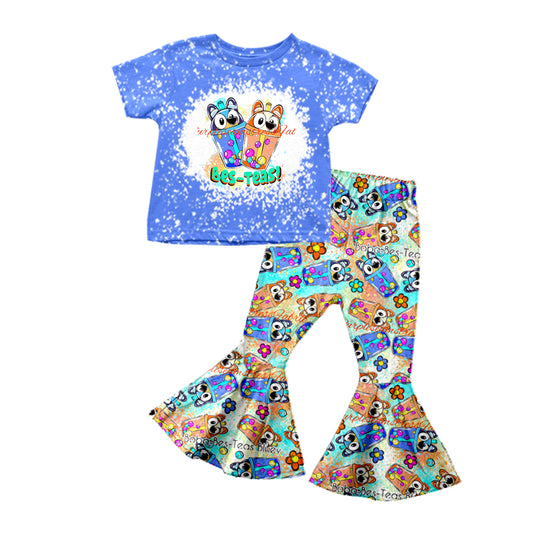 (Custom Design Preorder MOQ 5) Blue Cartoon Dog Bes-Teas Print GirlsClothes Set
