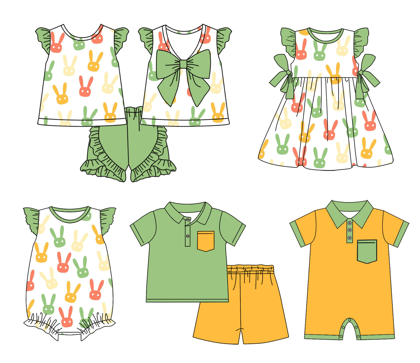 12.23 (Custom Design Preorder MOQ 5 Each Design) Bunny Green Print Kids Easter Matching Clothes Sibling Wear