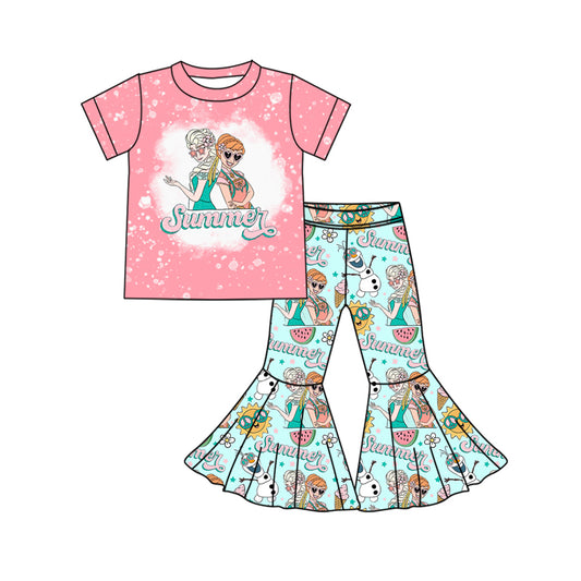 (Custom Design Preorder MOQ 5) Cartoon Princess Summer Print Bell Pants Girls Clothes Set