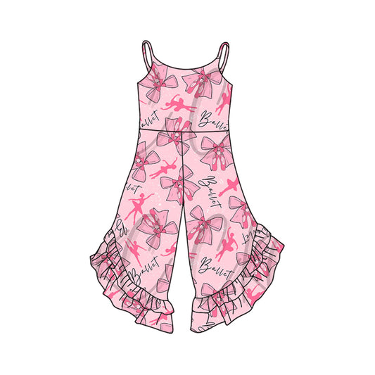 2.26(Custom Design Preorder MOQ 5) Dancer Pink Bows Print Girls Summer Jumpsuits