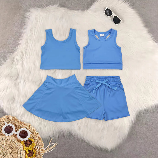 Blue Color Tank Top Girls Summer Yoga Clothes Set Sisters Wear