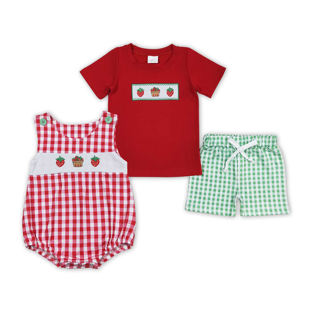 Strawberry Embroidery Plaid Print Brothers Summer Matching Clothes