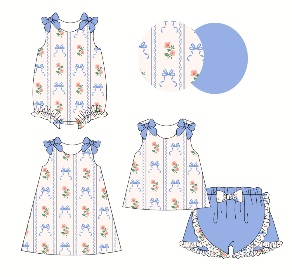 2.22(Custom Design Preorder MOQ 5 Each Design) Bows Flowers Print Girls Summer Matching Clothes Sisters Wear