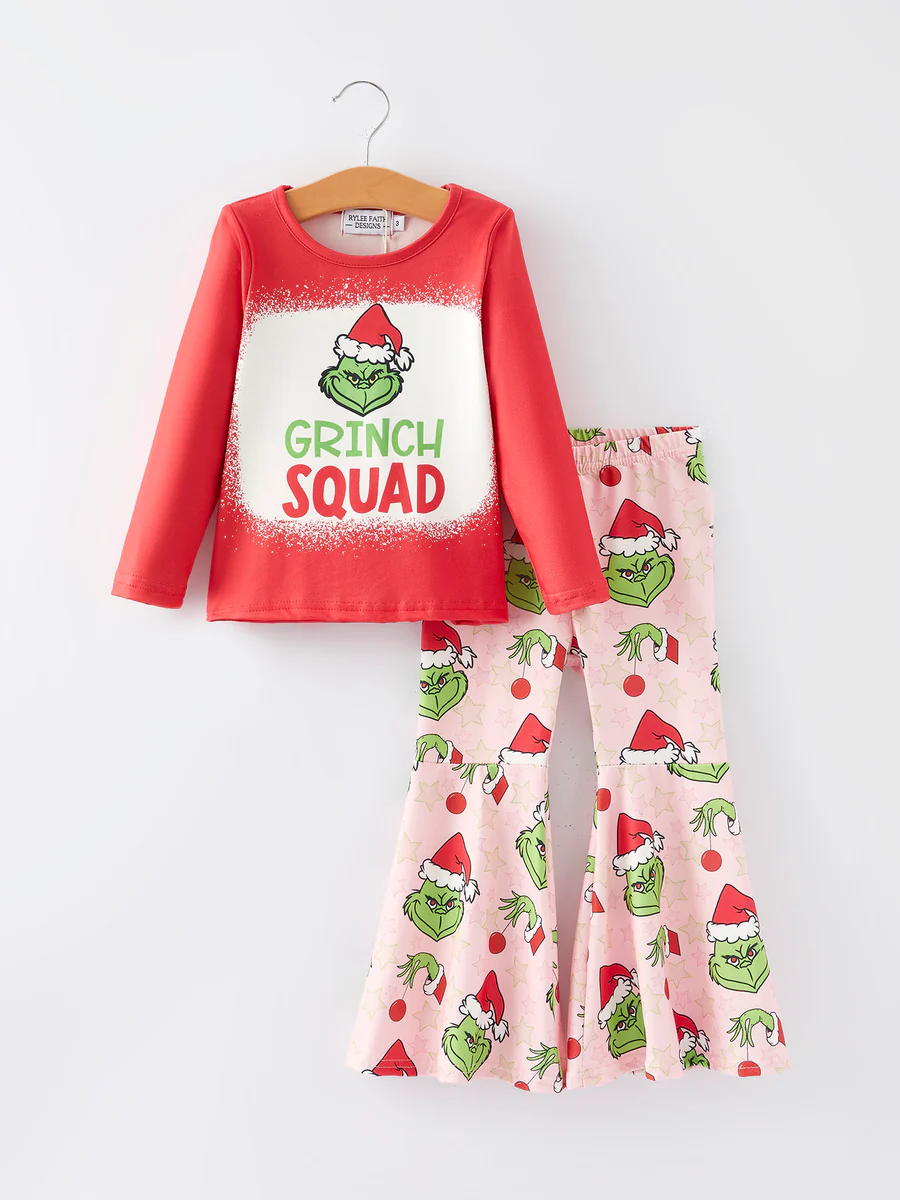 (Custom Design Preorder MOQ 5) Green Frog Red Top Bell Pants Girls Christmas Clothes Set