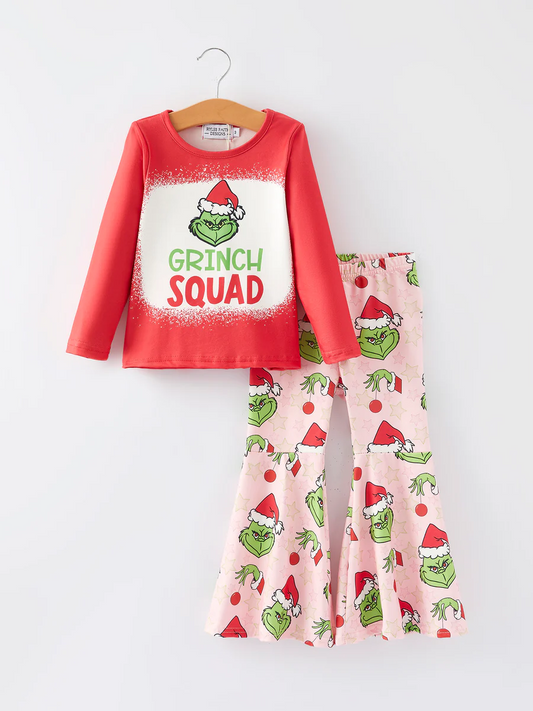 (Custom Design Preorder MOQ 5) Green Frog Red Top Bell Pants Girls Christmas Clothes Set