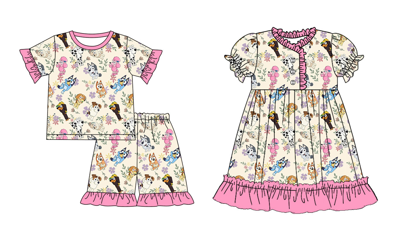 12.16(Custom Design Preorder MOQ 5 Each Design) Cartoon Dog Flowers Pink Print Girls Summer Matching Clothes Sisters Wear