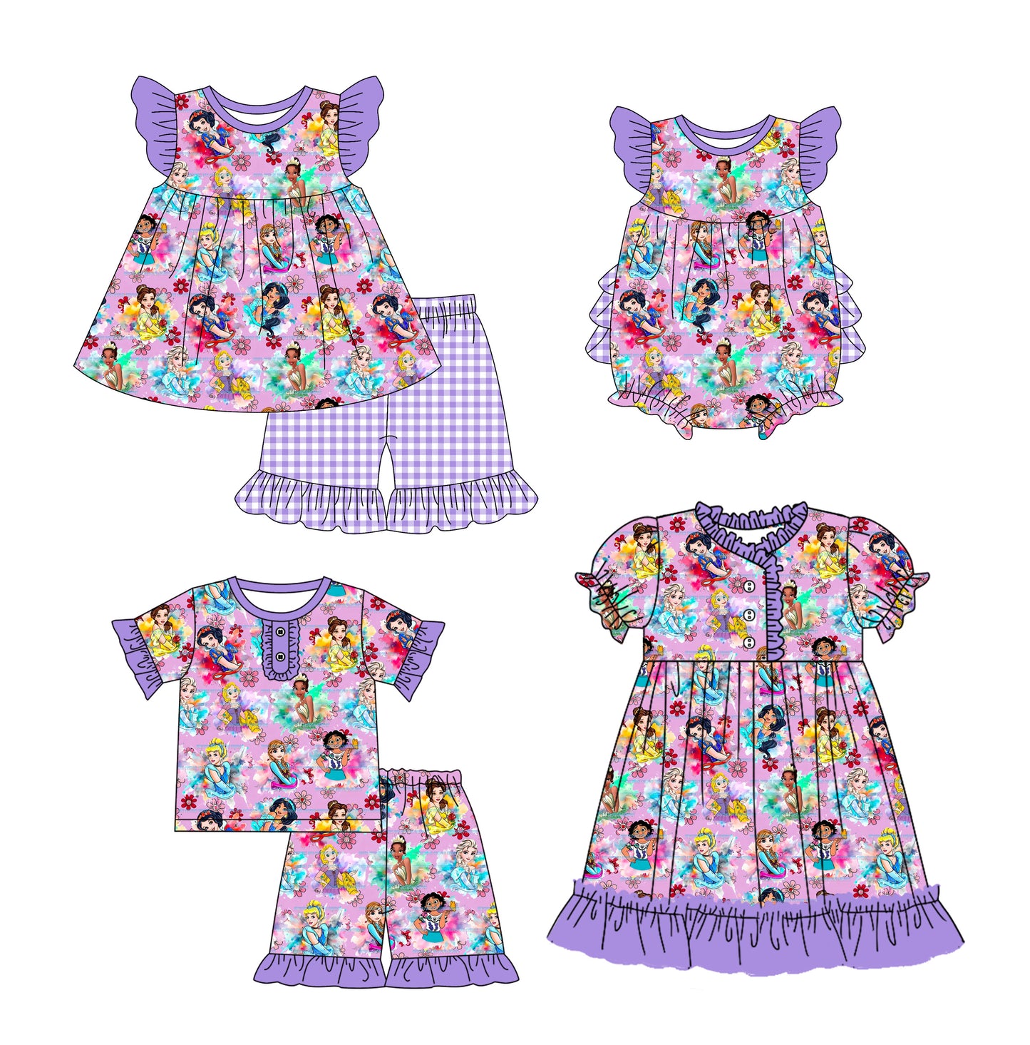 12.11(Custom Design Preorder MOQ 5 Each Design) Cartoon Princes Flowers Purple Print Girls Summer Matching Clothes Sisters Wear