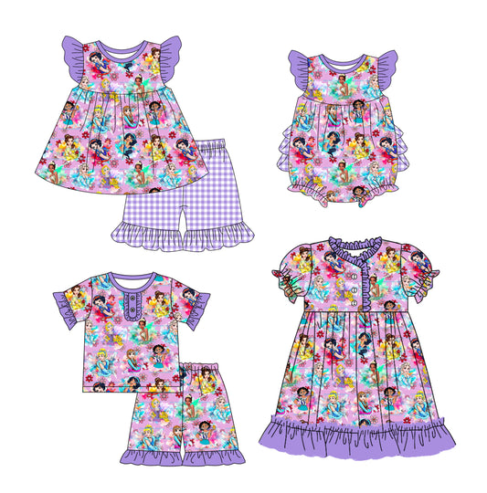 12.11(Custom Design Preorder MOQ 5 Each Design) Cartoon Princes Flowers Purple Print Girls Summer Matching Clothes Sisters Wear