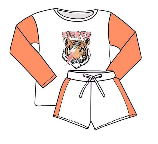 (Custom Design Preorder MOQ 5)  Tiger Long Sleeve Top Shorts Kids Clothes Set