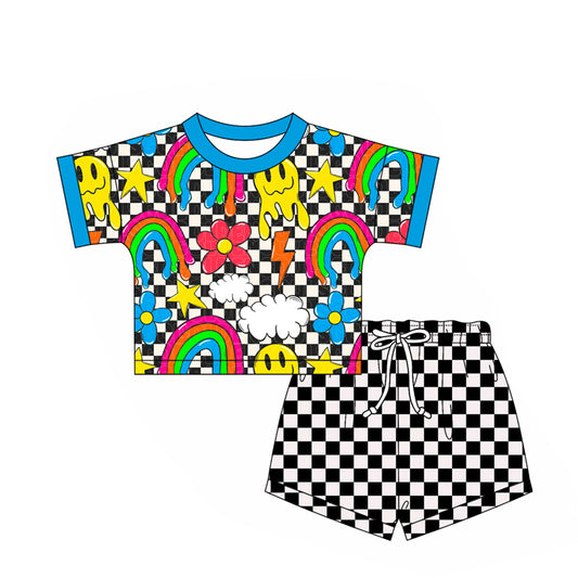 2.24(Custom Design Preorder MOQ 5) Rainbow Top Plaid Shorts Kids 4th of July Clothes Set