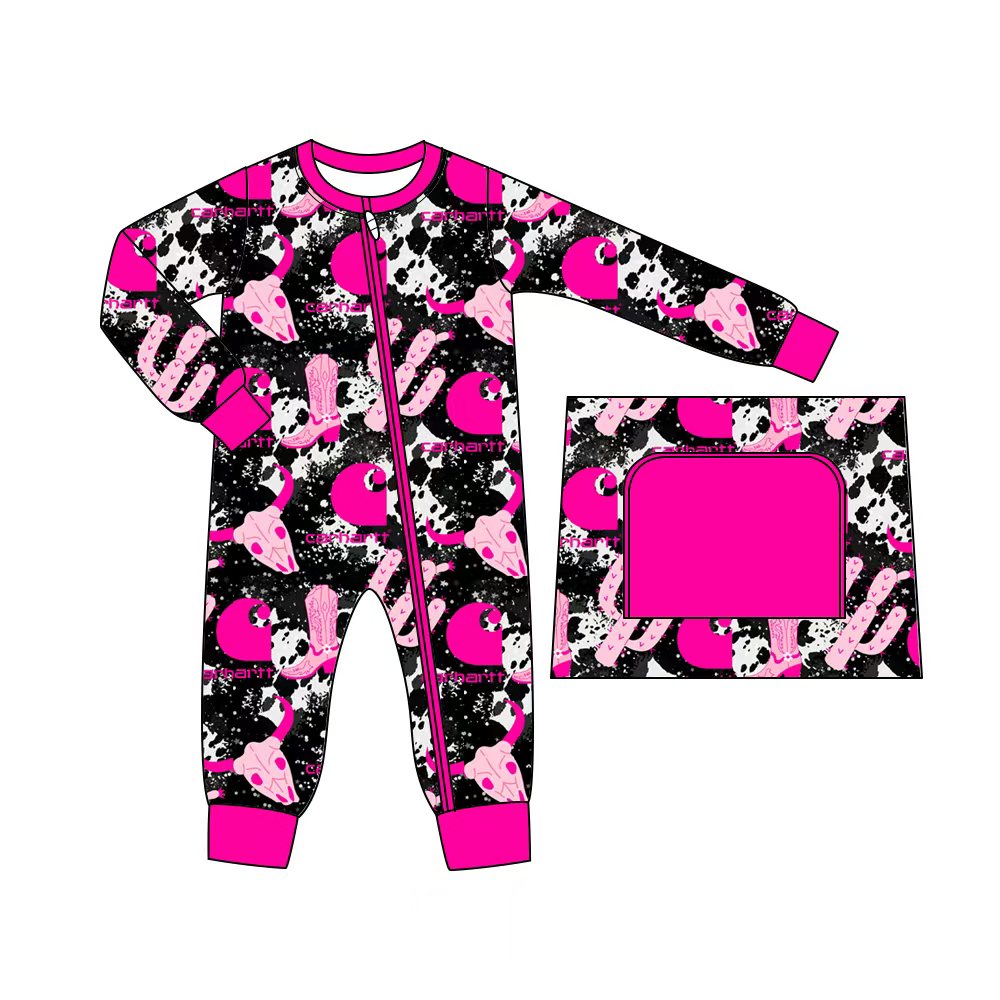 (Custom Design Preorder MOQ 5) Boots Cactus Pink Print Baby Girls Western Sleeper Zipper Romper