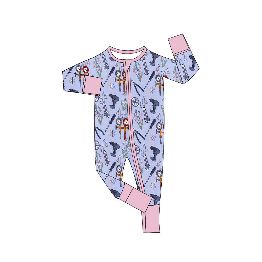 (Custom Design Preorder MOQ 5)  Tools Print Baby Girls Fall Sleeper Zipper Romper